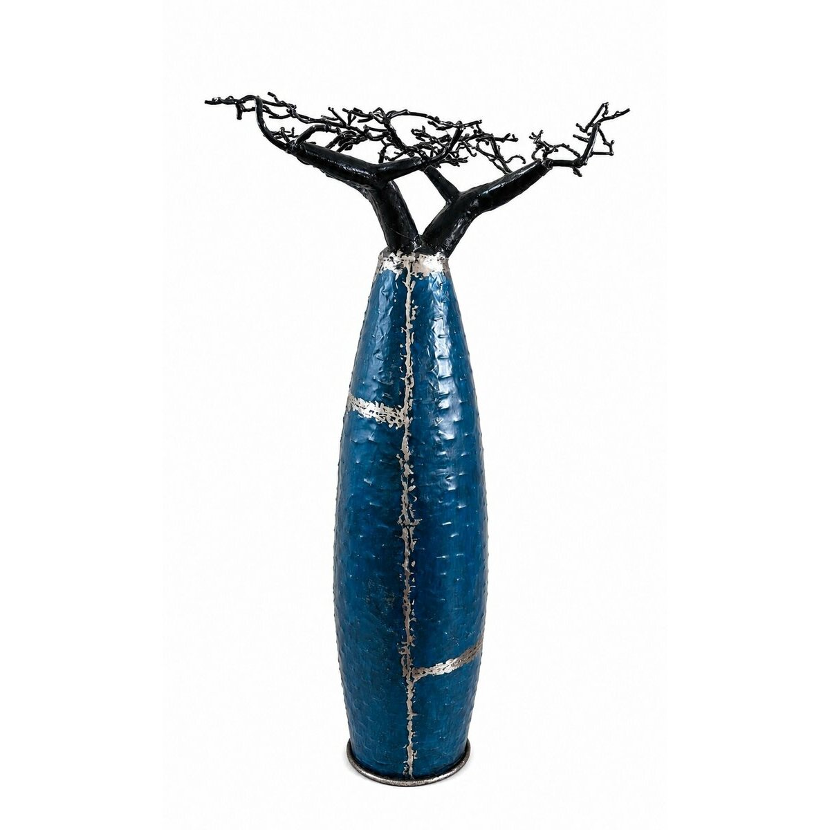 Baobab Bleu M&eacute;tal Recycl&eacute; Fait Main � Sculpture Arbre de Vie Madagascar, D&eacute;co Nature Design