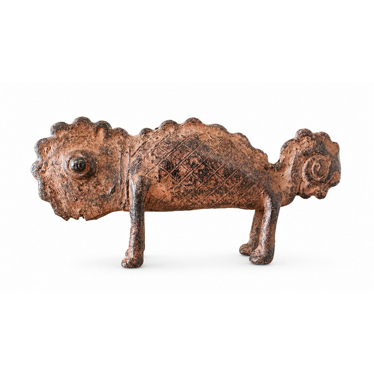 Cam&eacute;l&eacute;on Dogon en Bronze � Sculpture Africaine Animali&egrave;re Artisanale