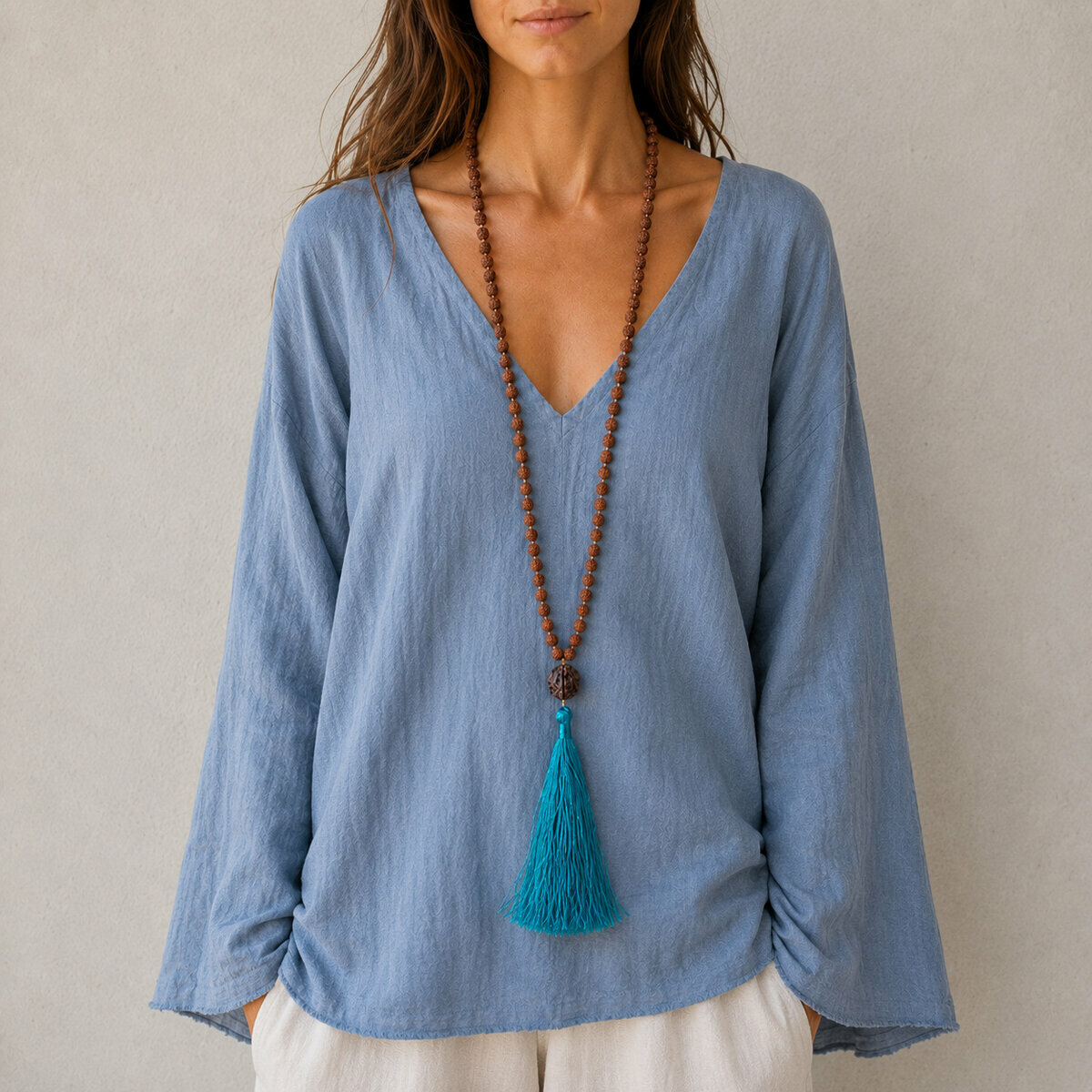 Mala Long en Rudraksha � Collier Japa avec Pompon Couleur au Choix
