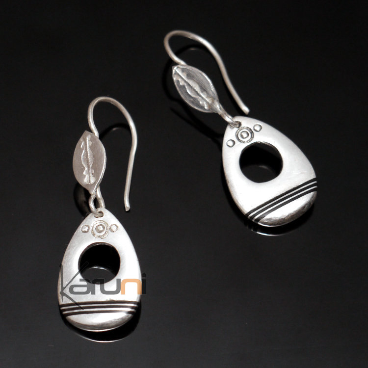 Boucles d'oreilles Touareg  Pendantes Galet en Argent et Lignes d'Ebène 30