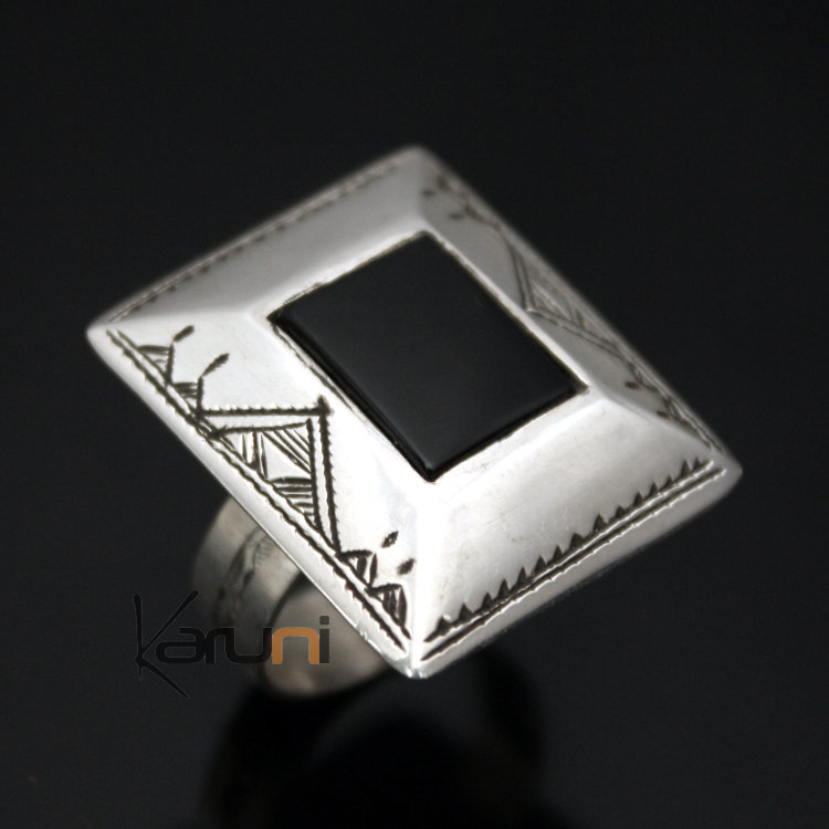 Bague en Argent et Onyx Noir 04 Grand Rectangle Gravé