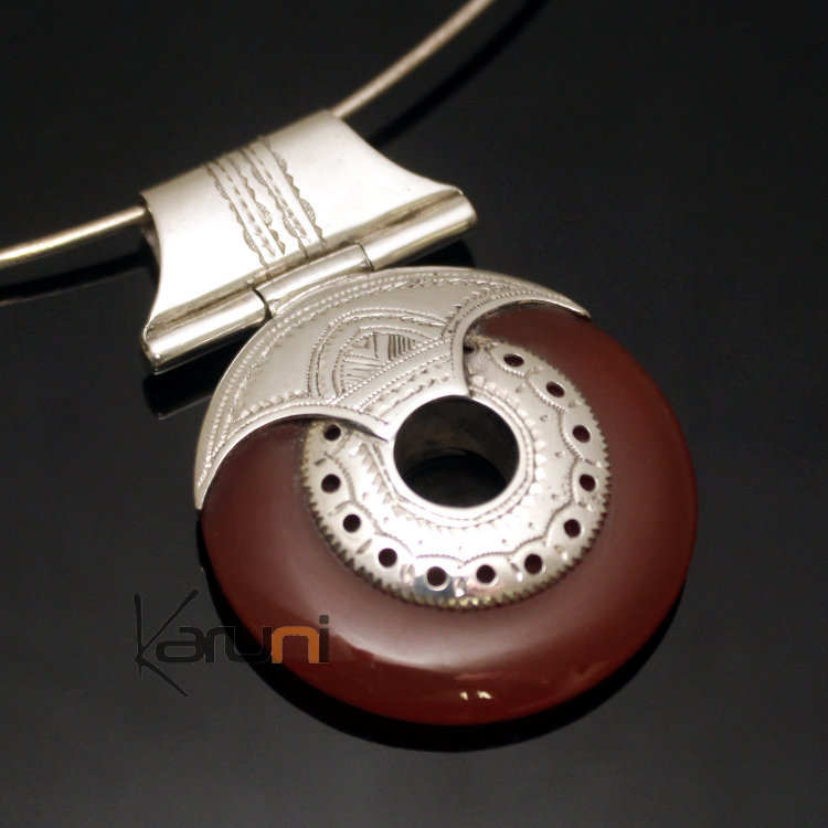 Collier Pendentif en Argent et Pierre Agate Rouge 04 Rond