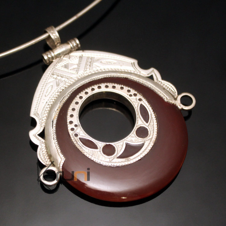 Collier Pendentif en Argent et Pierre Agate Rouge 06 Rond Tête de Déesse