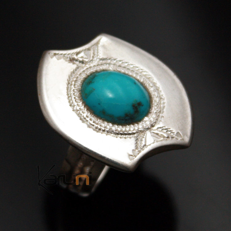 Bijoux Touareg Ethniques Bague en Argent et Turquoise 05 Gravée