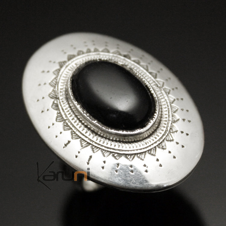 Bague en Argent et Onyx Noir 29 Grand Ovale Gravé