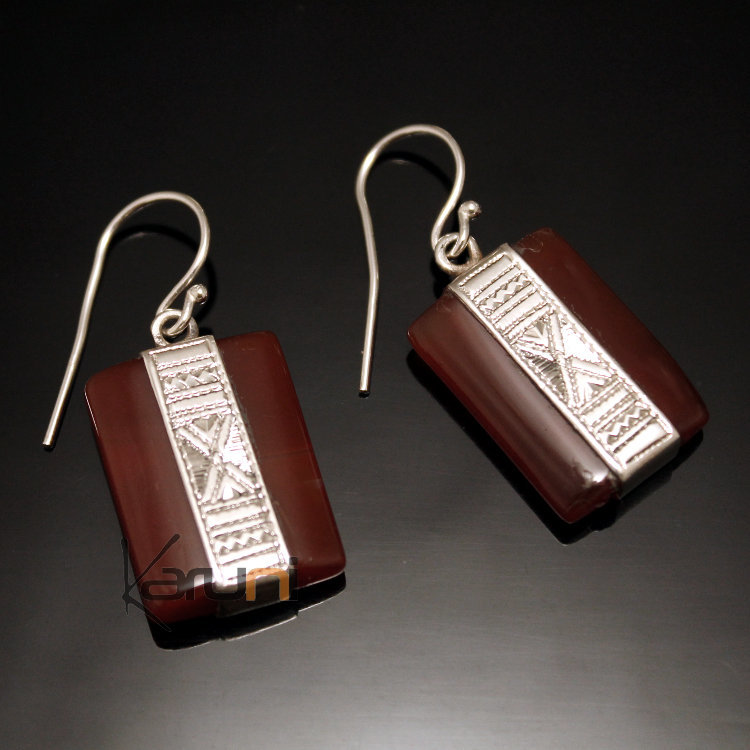 Boucles d'Oreilles en Argent et Pierre 04 rectangle Agate Rouge