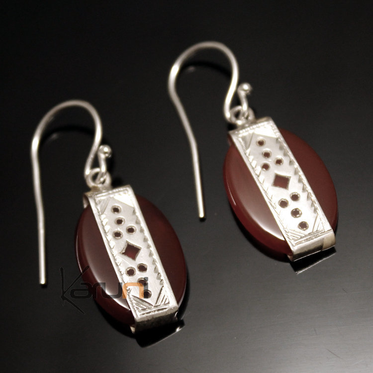 Boucles d'Oreilles en Argent et Pierre 02 Ovale Agate Gravée Dentelle