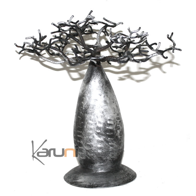 Arbre à bijoux porte-bijoux design Baobab 35-40 cm métal recyclé Madagascar Patine Argent