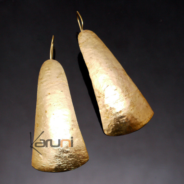 Boucles d'Oreilles Peul Fulani Mali 100 Bronze Doré Feuille Longue Plate Triangle