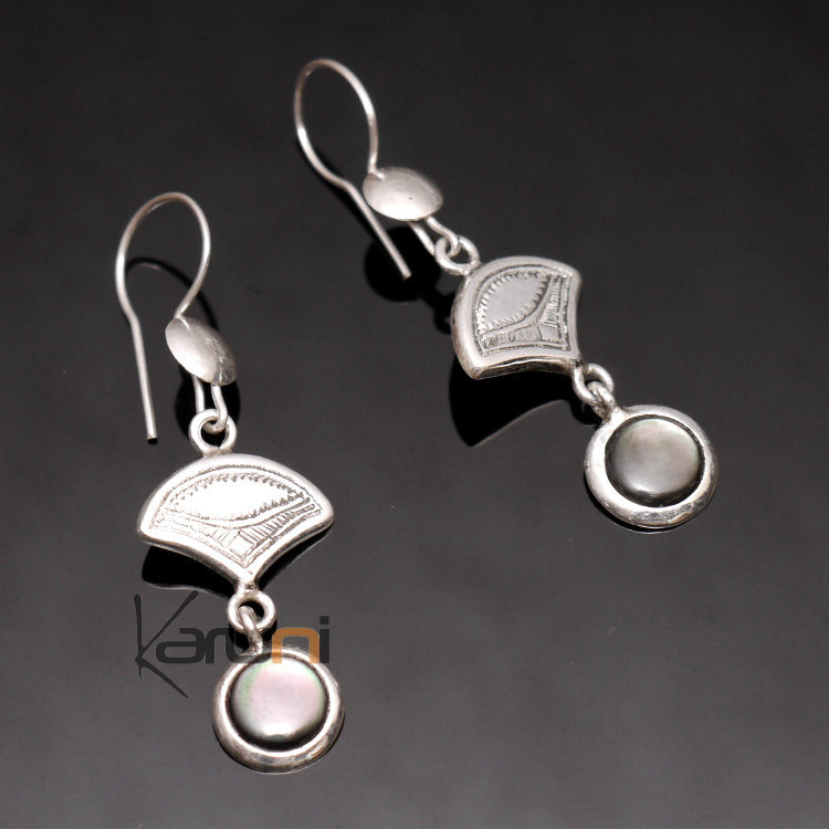 Boucles d'Oreilles en Argent et Pierre 03 Nacre Pendant Triangle Rond