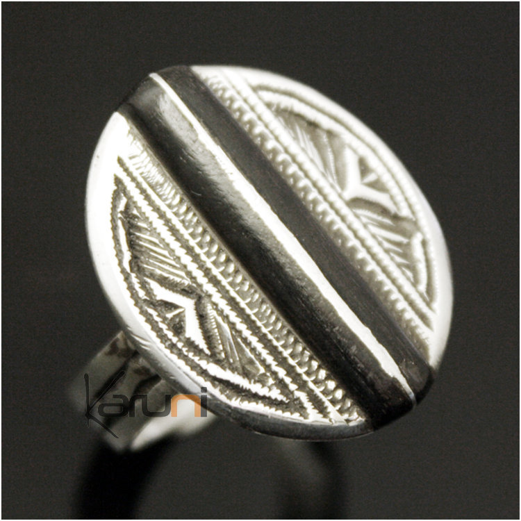 Bague en Argent 925 et ébène 011 Ovale Gravée Ligne Ebène