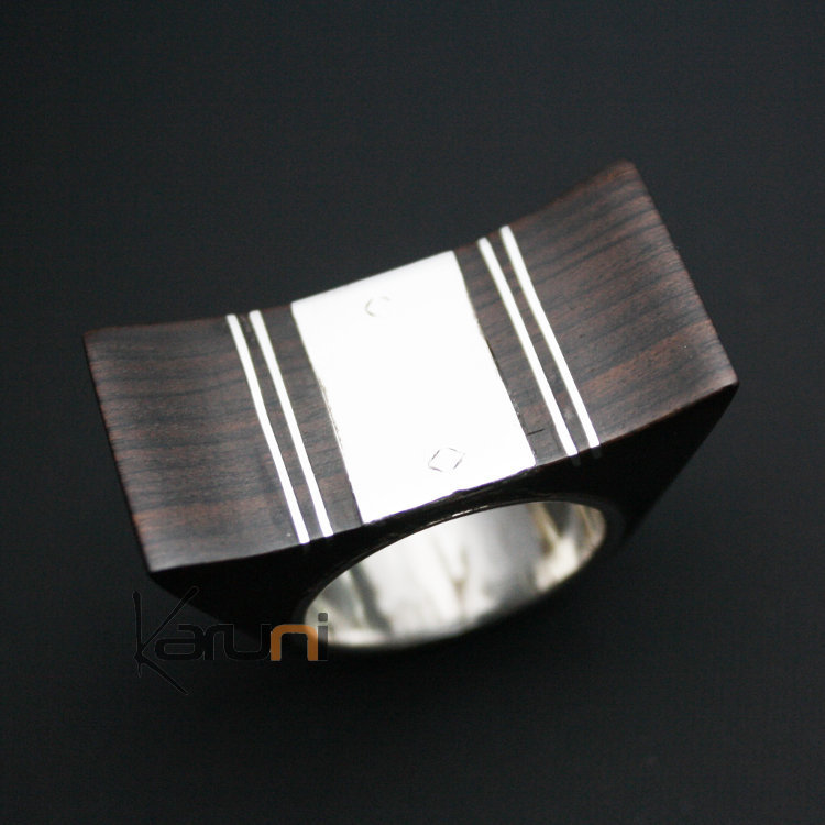 Bijoux Touareg Ethniques Bague Argent en Bois Ebène Rectangle 14 - KARUNI