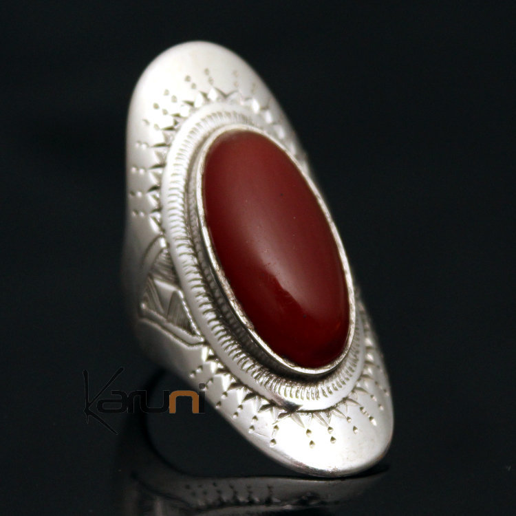 Bague en Argent Navette Gravée 42 Longue Pierre Agate Rouge