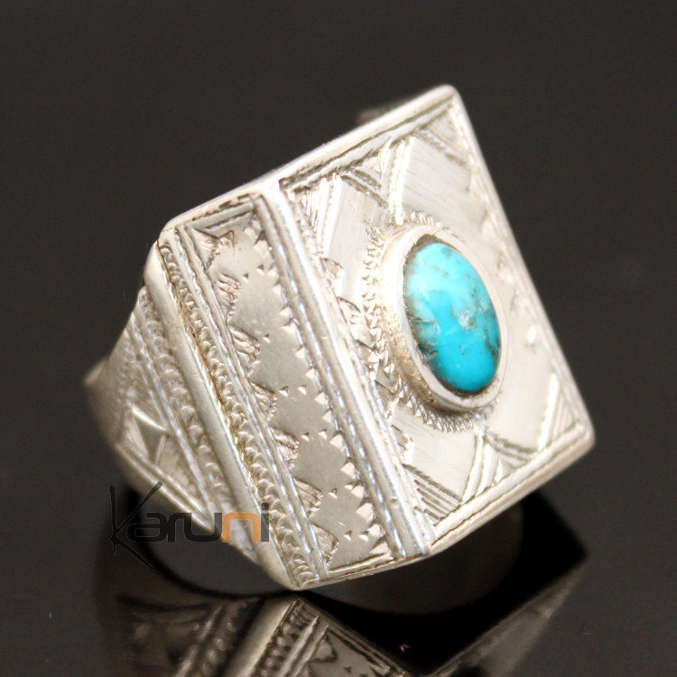 Bague en Argent et Turquoise 12 Chevalière Rectangle