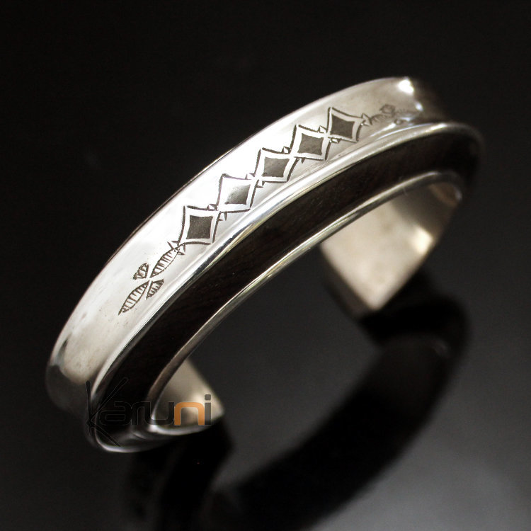 Bijoux Touareg Ethniques Bracelet en Argent et Ebène Large Gravé 11