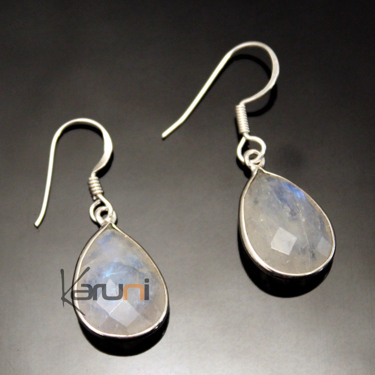 Boucles d'Oreilles en Argent 925 Pierres Fines 01 Facettes Goutte Pierre de Lune