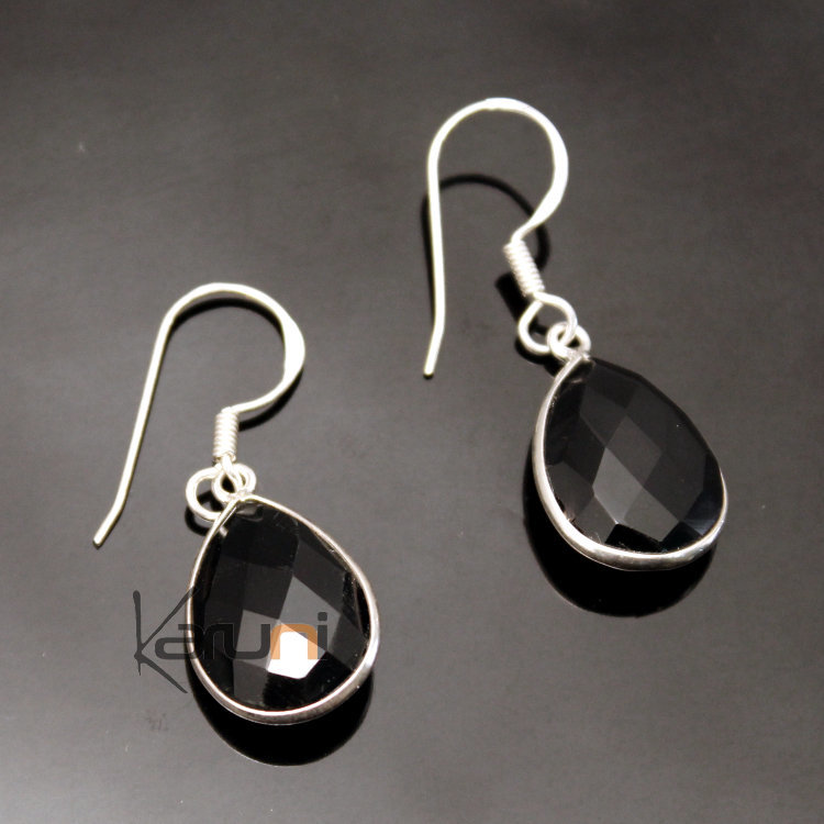 Boucles d'Oreilles en Argent 925 Pierres Fines 01 Facettes Goutte Onyx Noir