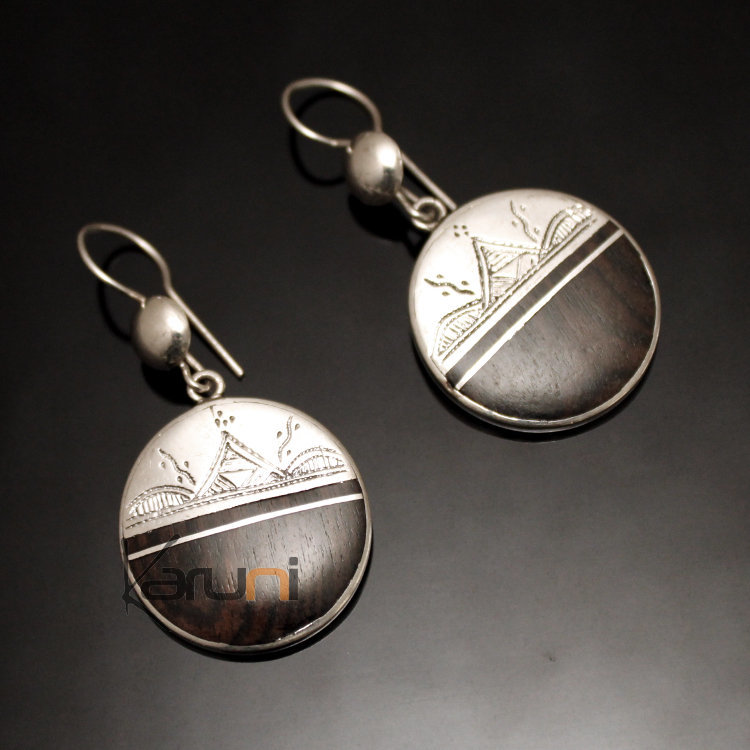 Boucles d'Oreilles en Argent et Ebène 97 Rondes Demi-Lune Gravée