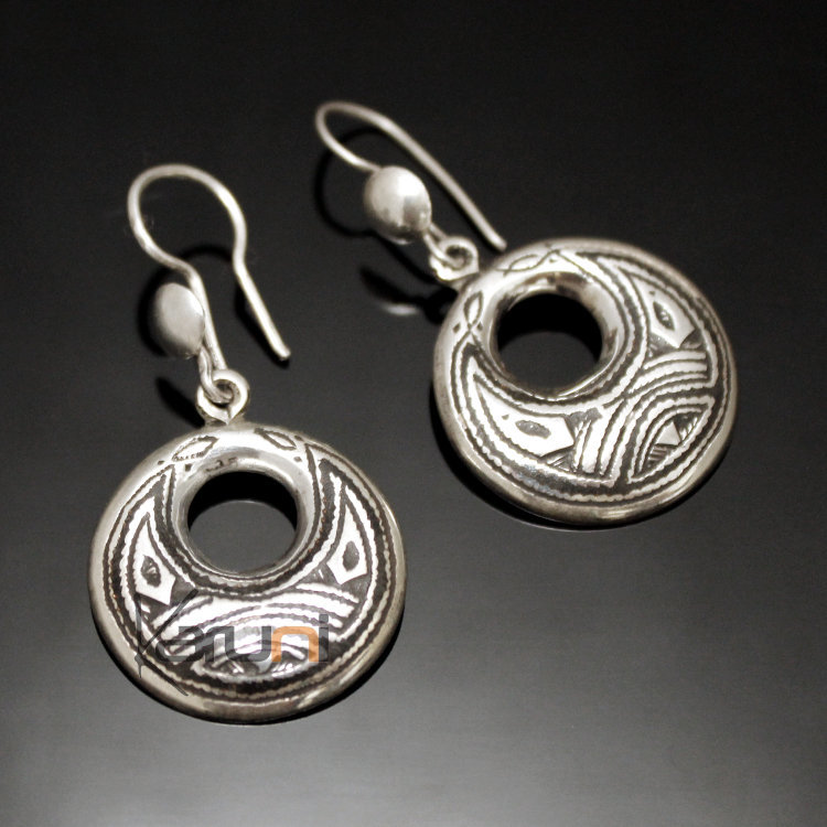 Boucles d'oreilles en Argent 123 Petites rondes Creuses Gravées Ebène