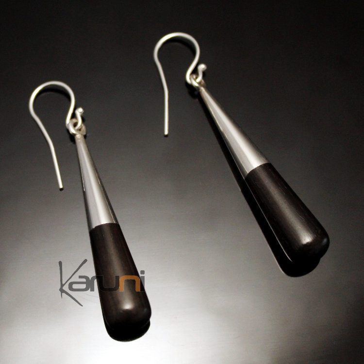 Boucles d'Oreilles en Argent et Ebène Massues 93 Attaches Design Karuni Gouttes Sombres