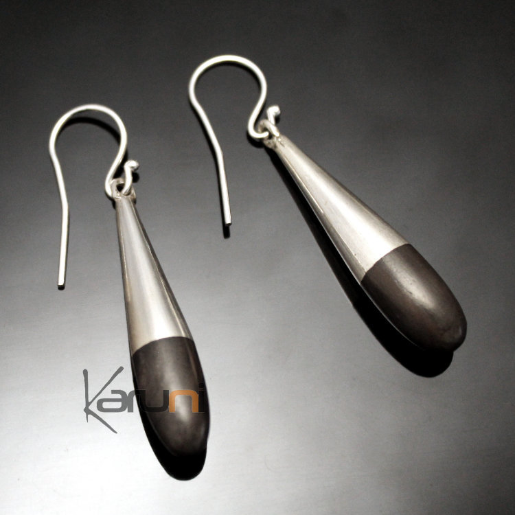 Boucles d'Oreilles en Argent et Ebène 180 Gouttes Graines Design Karuni