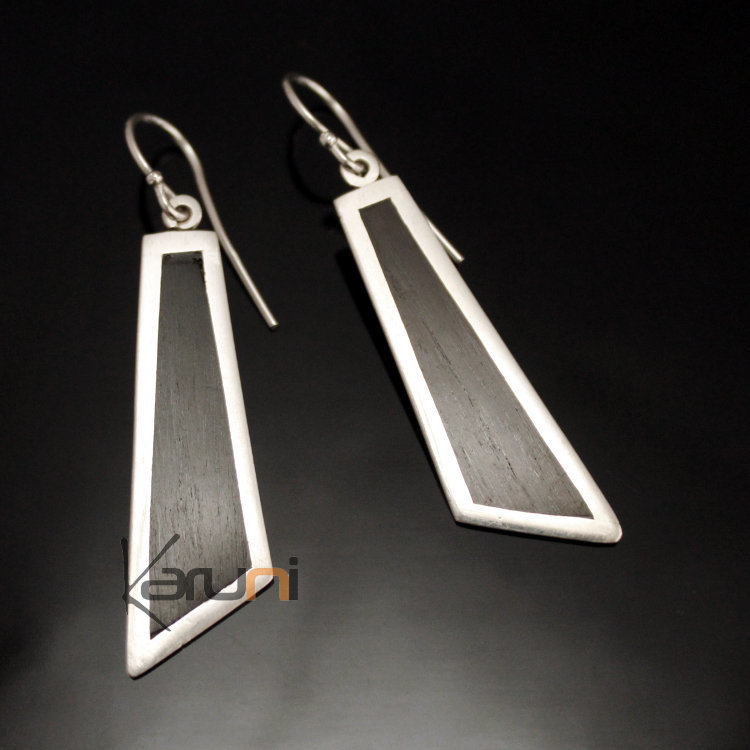 Boucles d'Oreilles en Argent et Ebène 183 Pendants Longs Plats Design Karuni