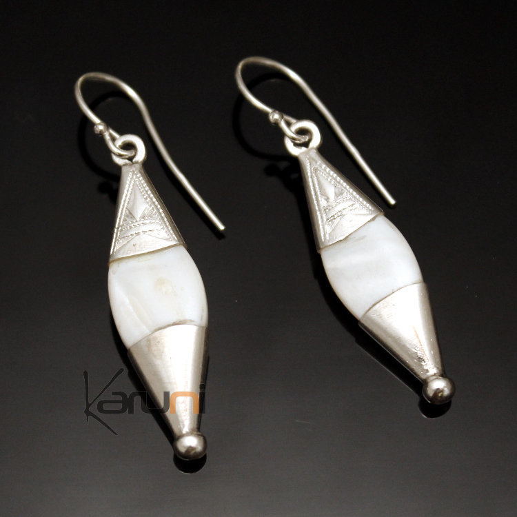 Boucles d'Oreilles en Argent et Pierre 26 Goutte Losange Gravé Nacre