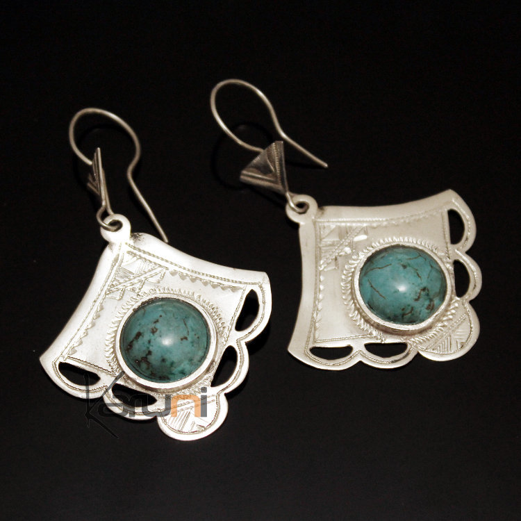 Boucles d'Oreilles en Argent et Pierre 32 Pendants Turquoise Gravés Festons Ajourés