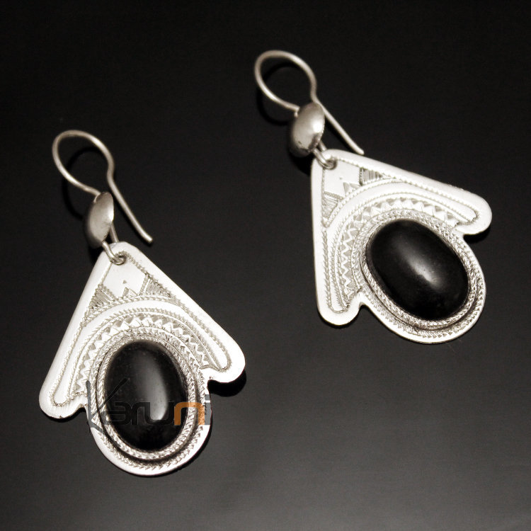 Boucles d'Oreilles en Argent et Pierre 37 Pendant Fleur Onyx Noir