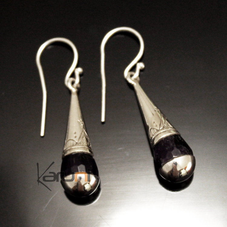 Boucles d'Oreilles en Argent et Pierre 53 Gouttes Améthyste Facettes Gravées