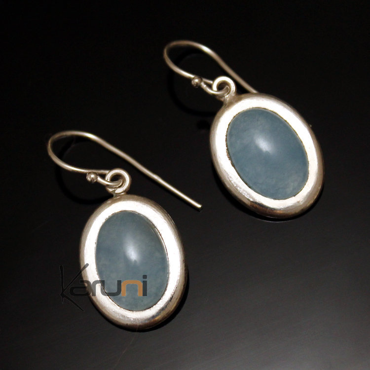 Boucles d'Oreilles en Argent et Pierre 56 Petit Ovale Agate Bleue