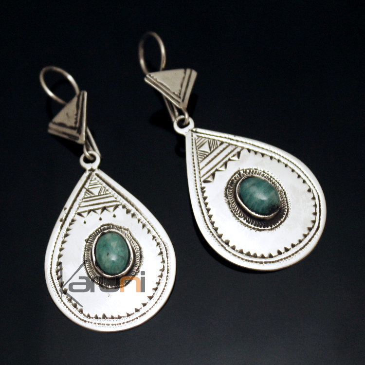 Boucles d'Oreilles en Argent et Pierre 57 Goutte Lisse Gravée Turquoise