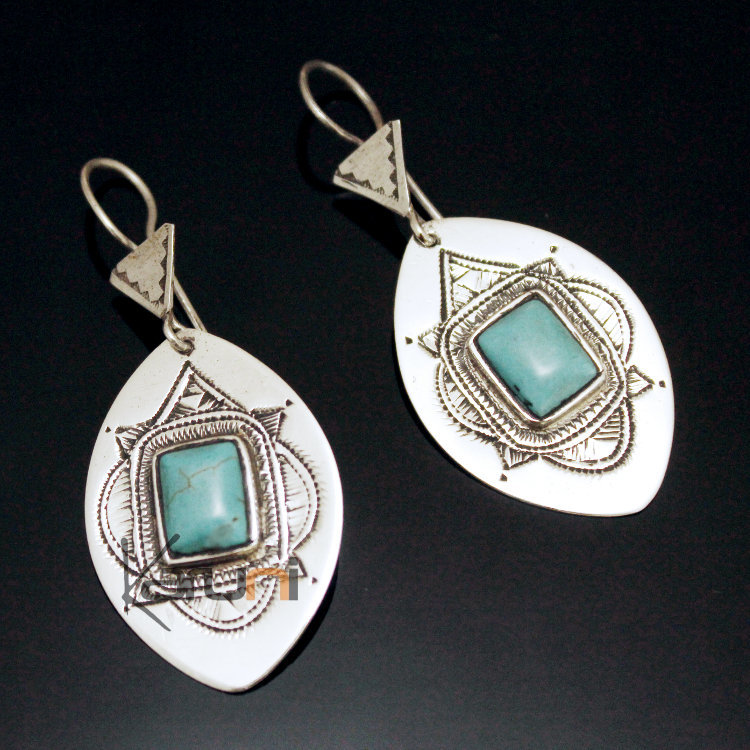 Boucles d'Oreilles en Argent et Pierre 58 Feuille Gravée Turquoise