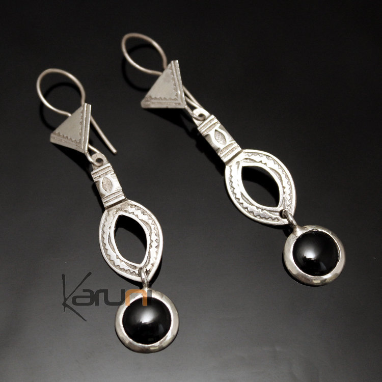 Boucles d'Oreilles en Argent et Pierre 59 Pendants Longs Feuille Ajourée Onyx Noir