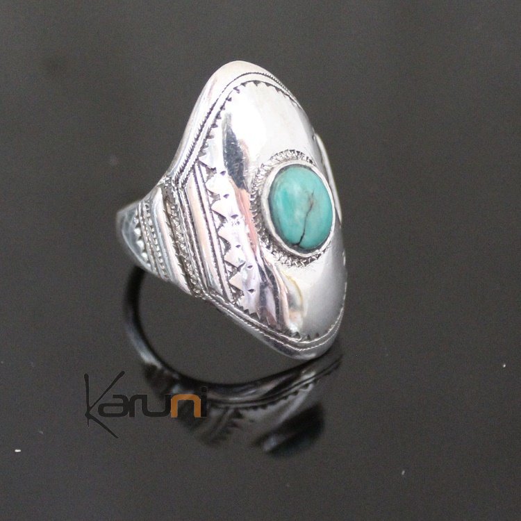 Bague en Argent Navette Gravée 58 Pierre Turquoise