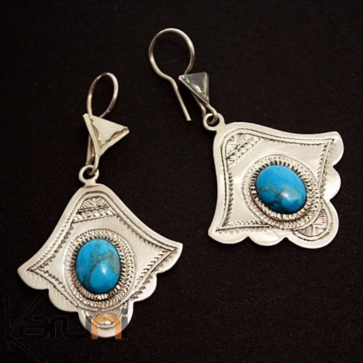 Boucles d'Oreilles en Argent et Pierre 17 Gravées Turquoise Festons