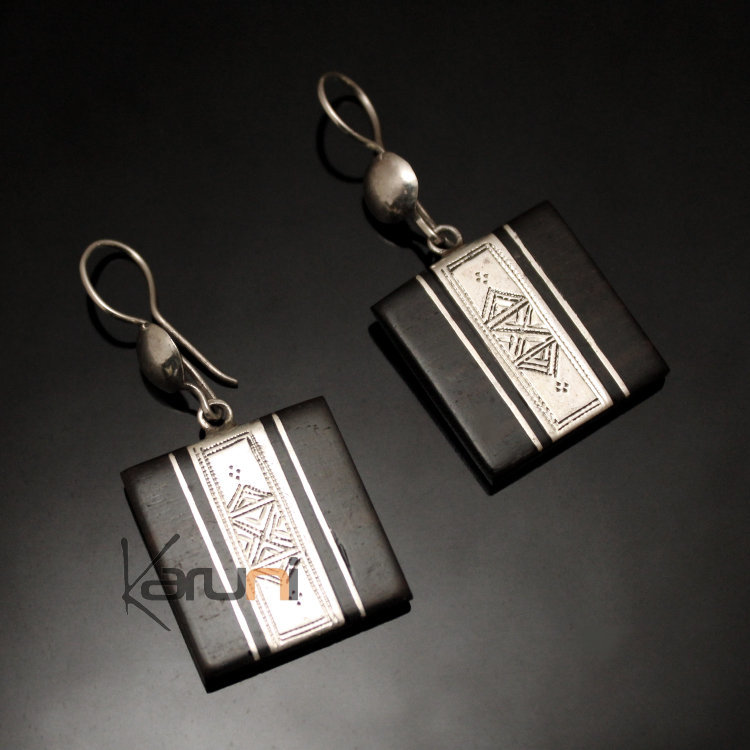 Boucles d'Oreilles en Argent et Ebène 42 Rectangle Bande Gravée Verticale