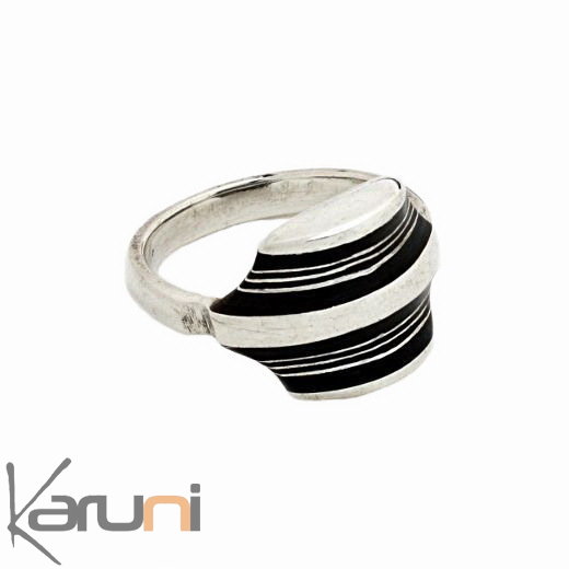 Bague en Argent 925 et ébène 021 Homme/Femme Bandeau Rayé Style