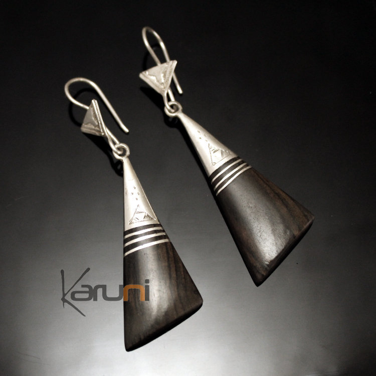 Boucles d'Oreilles en Argent et Ebène 80 Pendants Triangles Longs