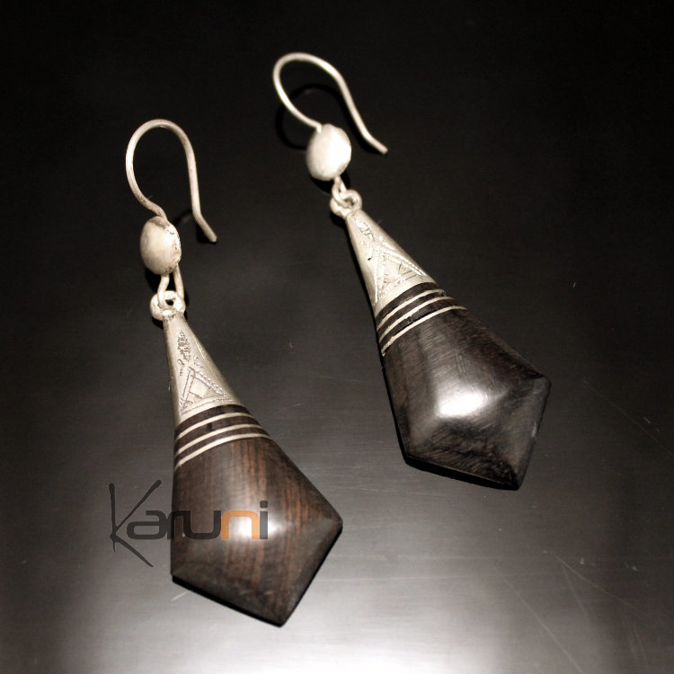 Boucles d'Oreilles en Argent et Ebène 53 Longs Pendants Losanges