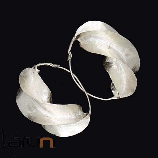 Boucles d'Oreilles Créoles Argent Massif Peul Fulani Mali 13AR 7 cm Feuille