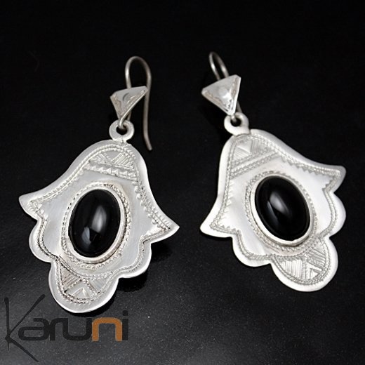 Boucles d'Oreilles en Argent et Pierre 13 Main de Fatma Khamsa Onyx Noir