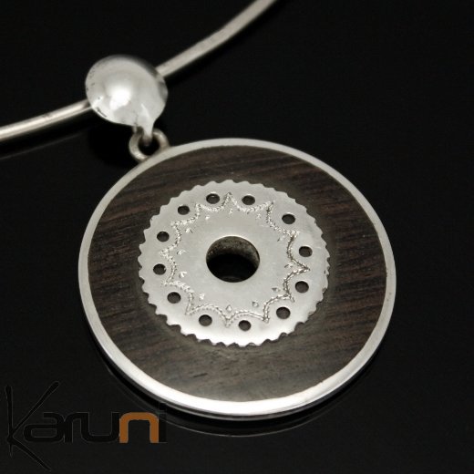 Collier Pendentif en Argent et Ebène 21 Rond Gravé