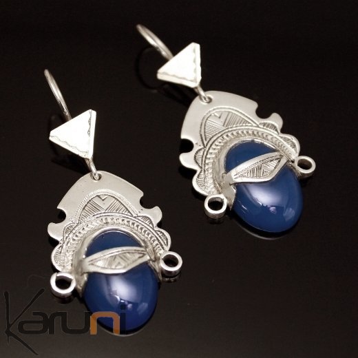 Boucles d'Oreilles en Argent et Pierre 12 Tête de Déesse du Désert Agate Bleue