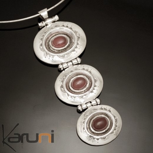 Collier Pendentif en Argent et Pierre Agate Rouge 10 Trois Ovales