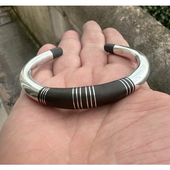 Bracelet Manchette Argent 925 �b�ne Noir, Jonc Ouvert Artisanal, Bijou Ethnique Chic et Intemporel