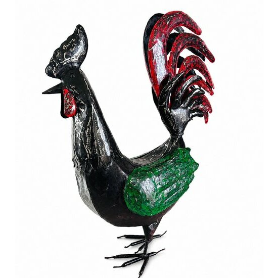 sculpture-coq-rouge-noir-vert-metal-recycle-artisanat-madagascar
