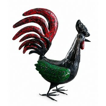 coq-decoratif-metal-recycle-queue-eventail-rouge-fait-main