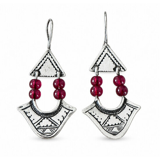 Boucles d'Oreilles Argent 925 & Perles Rouges – Pendants Gravés Main Boucles d’Oreilles Argent 925 Femme – Pendants Rouges Gravés Main