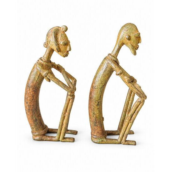 African Brass Sculptures with Bronze Patina � Seated Couple, Right Side View